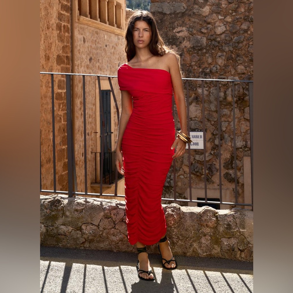 Zara asymmetrical neckline shoulder knit draped red midi dress sz.S